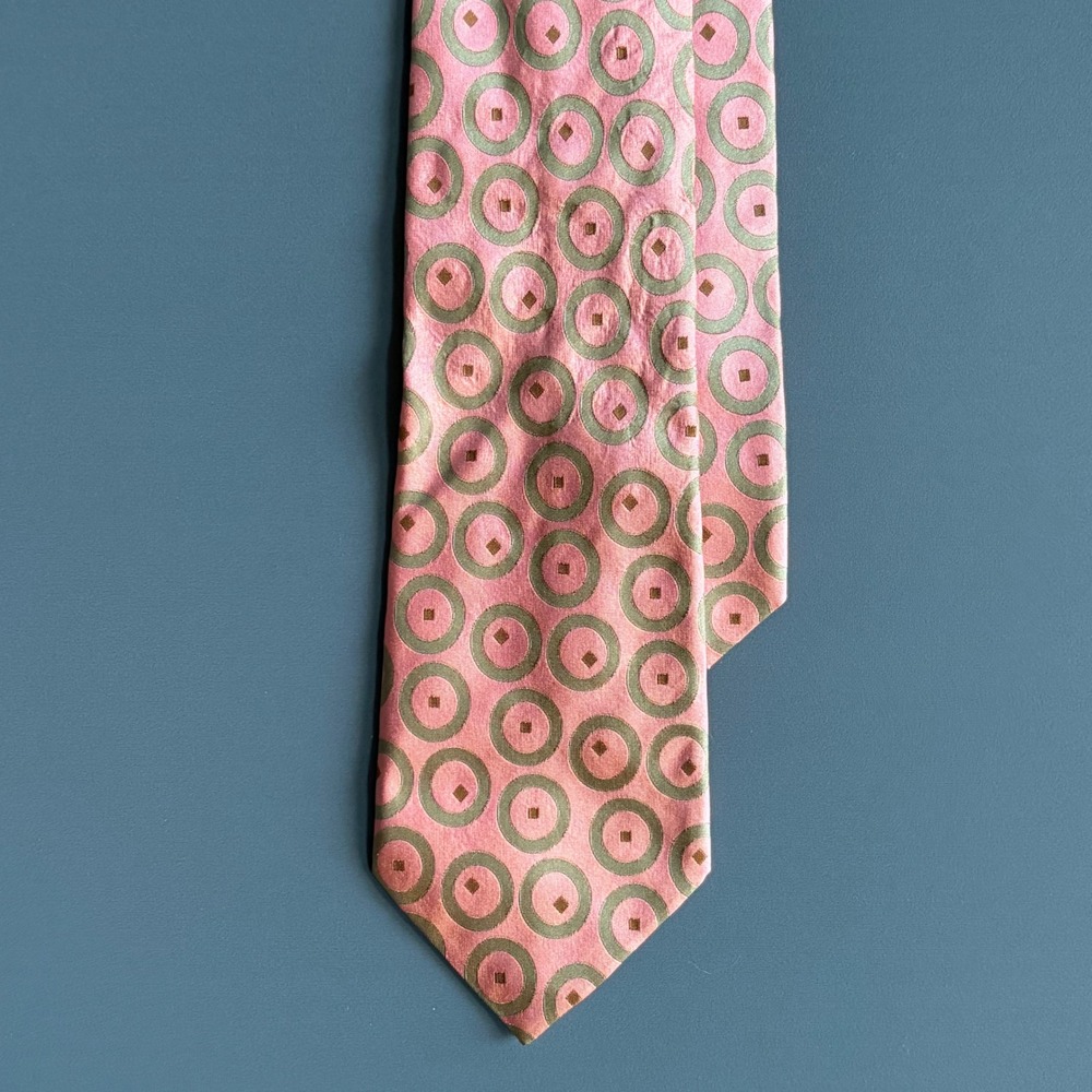 Barneys‎ New York 100% Silk Medallion Tie Italy | Pink Green 4" Blade